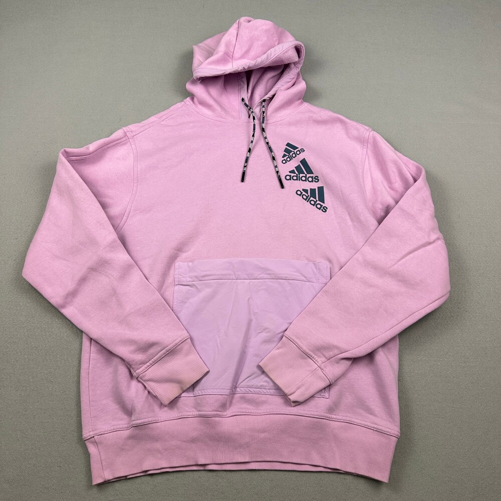 Adidas Hoodie Men Medium Pink Stacked Badge of Sport Fleece Zip Pocket M *